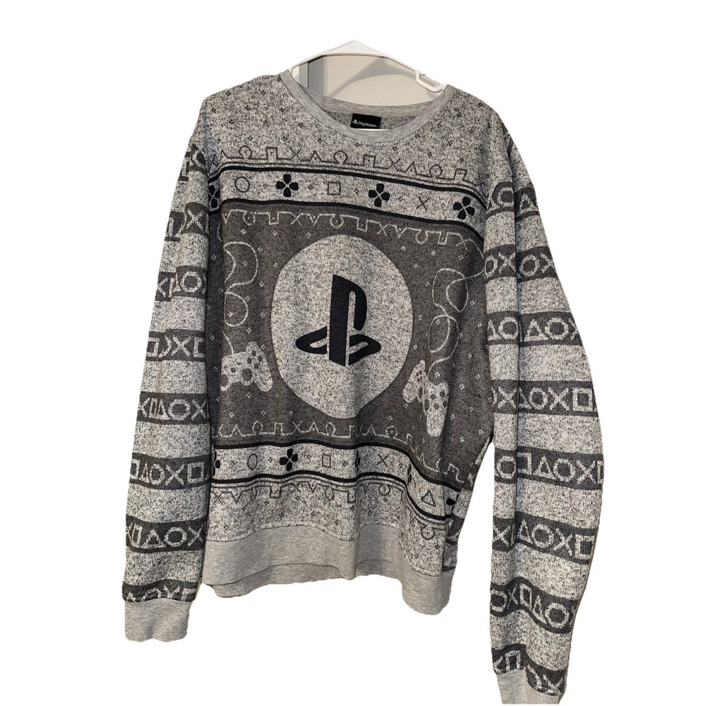 PlayStation Ugly Sweater Mens XL Gray Controller Gamer Shirt Top Long Sleeve